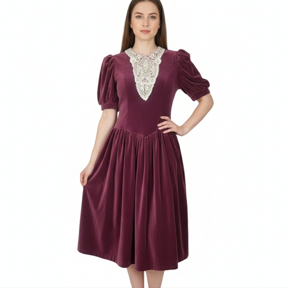 Vintage Gunne Sax Jessica McClintock Dress Size Small Purple‎ Velvet Lace